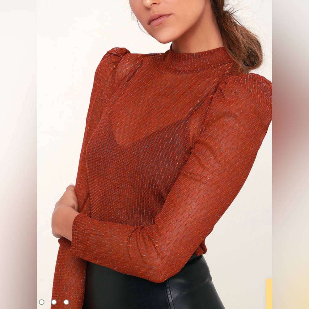 Confetti Fete Rust Orange Sheer Long Sleeve Mock Neck Too